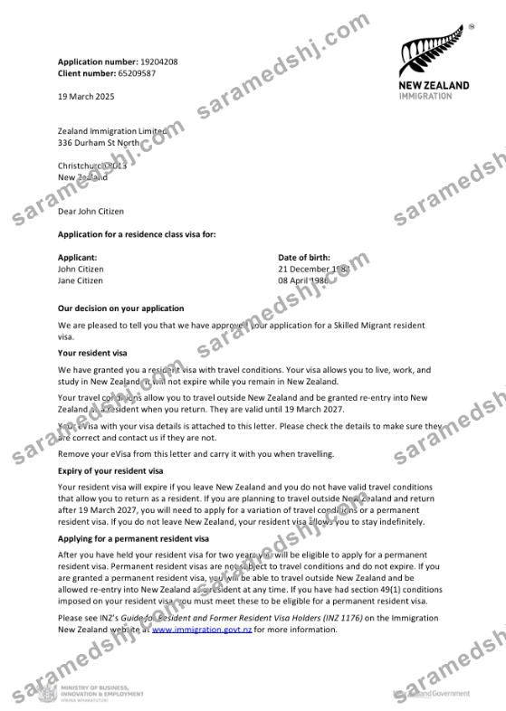 New Zealand visa approval letter template in Word and PDF formats